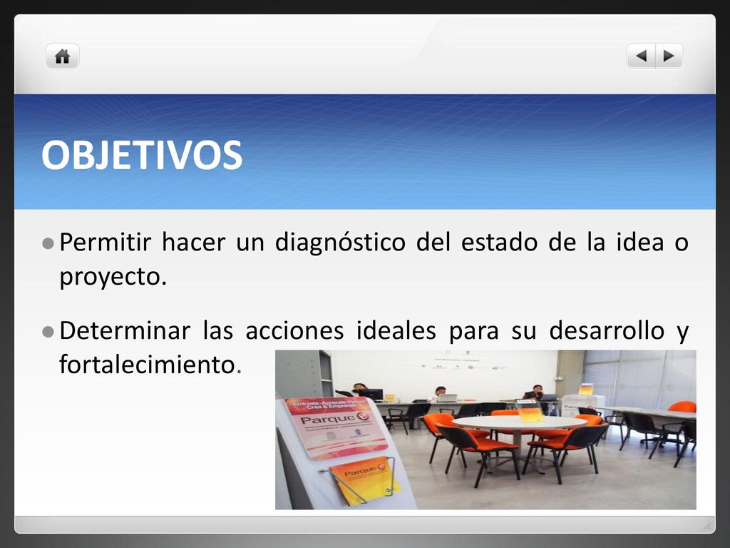 OBJETIVOS Permitir hacer un diagnóstico del estado de la idea o proyecto.