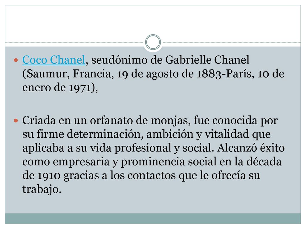 Coco Chanel, seudónimo de Gabrielle Chanel (Saumur, Francia, 19 de agosto de 1883-París, 10 de enero de 1971),