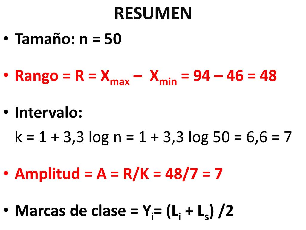 RESUMEN Tamaño: n = 50 Rango = R = Xmax – Xmin = 94 – 46 = 48
