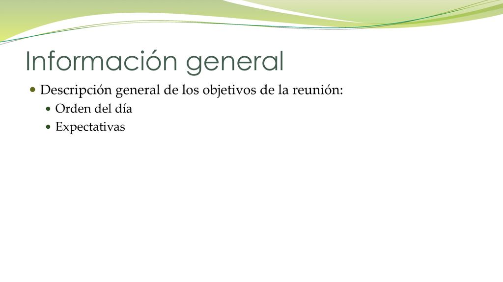 Información general Descripción general de los objetivos de la reunión: Orden del día Expectativas