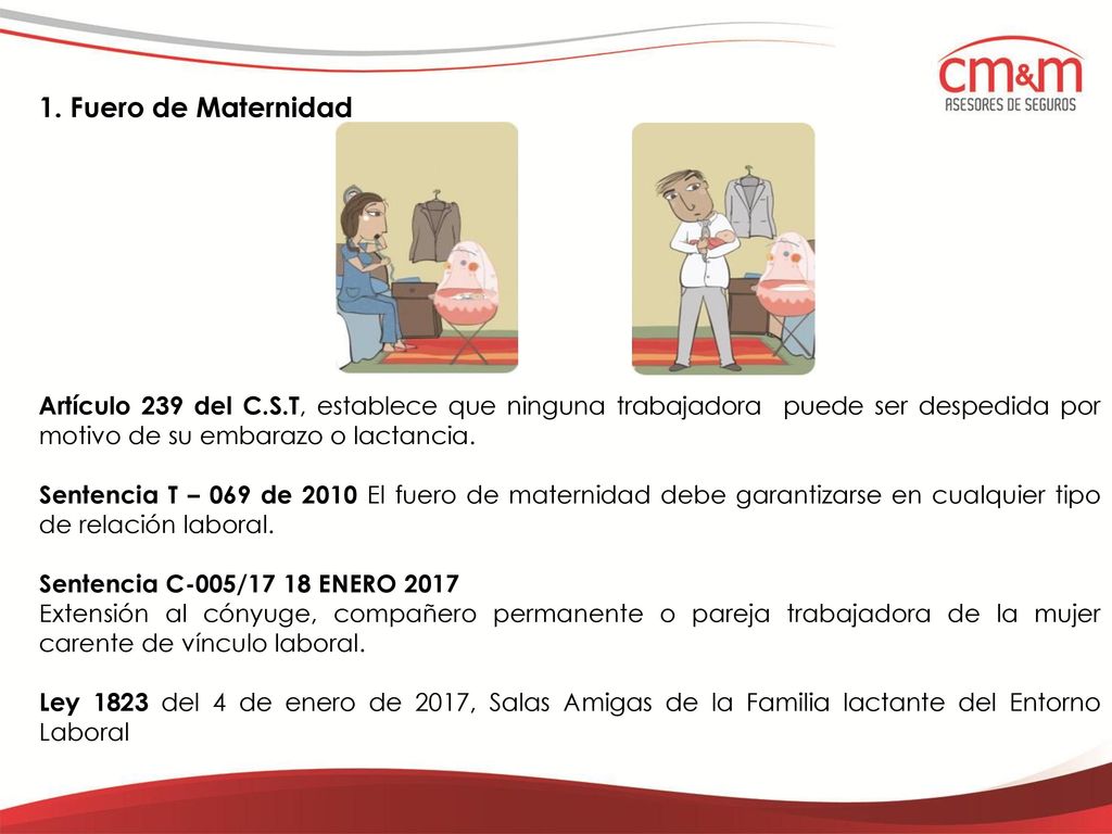 1. Fuero de Maternidad Artículo 239 del C.S.T, establece que ninguna trabajadora puede ser despedida por motivo de su embarazo o lactancia.