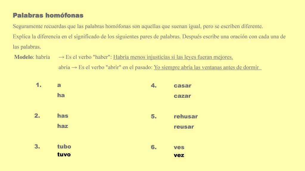 Palabras homófonas Seguramente recuerdas que las palabras homófonas son aquellas que suenan igual, pero se escriben diferente.