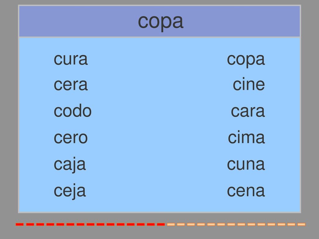 copa cura copa cera cine codo cara cero cima caja cuna ceja cena