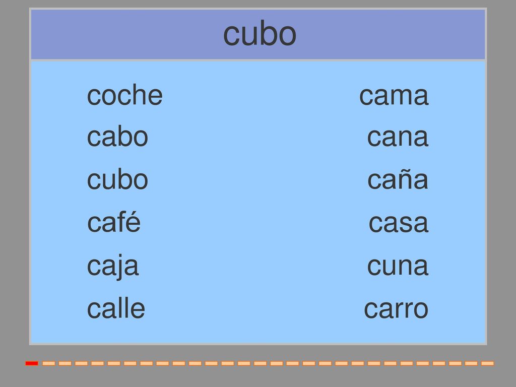 cubo coche cama cabo cana cubo caña café casa caja cuna calle carro