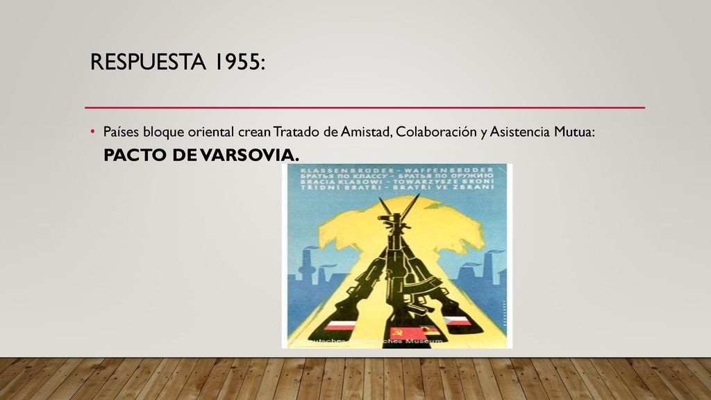 Respuesta 1955: Países bloque oriental crean Tratado de Amistad, Colaboración y Asistencia Mutua: PACTO DE VARSOVIA.