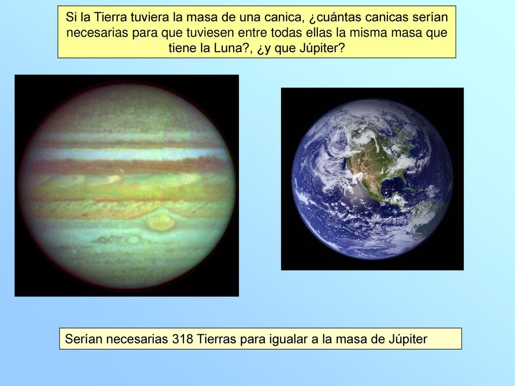 Si la Tierra tuviera la masa de una canica, ¿cuántas canicas serían necesarias para que tuviesen entre todas ellas la misma masa que tiene la Luna , ¿y que Júpiter