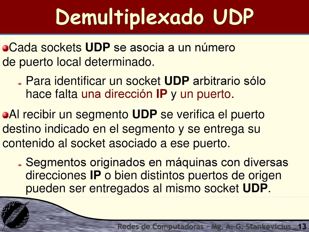 Demultiplexado UDP Cada sockets UDP se asocia a un número de puerto local determinado.