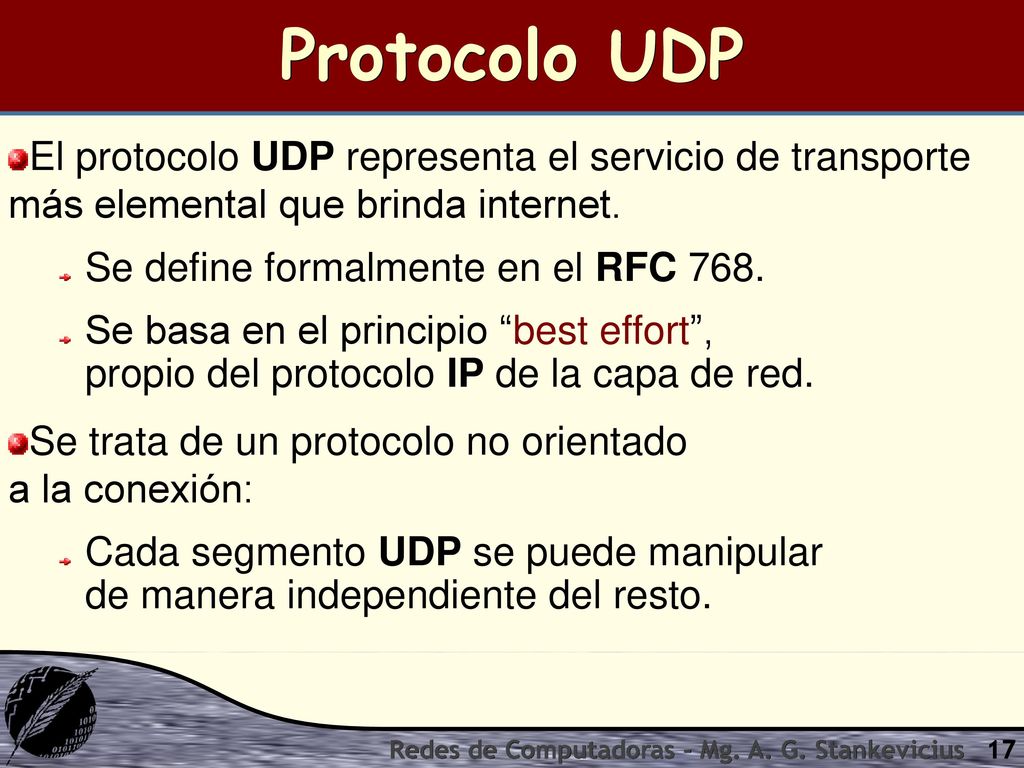 Protocolo UDP El protocolo UDP representa el servicio de transporte más elemental que brinda internet.