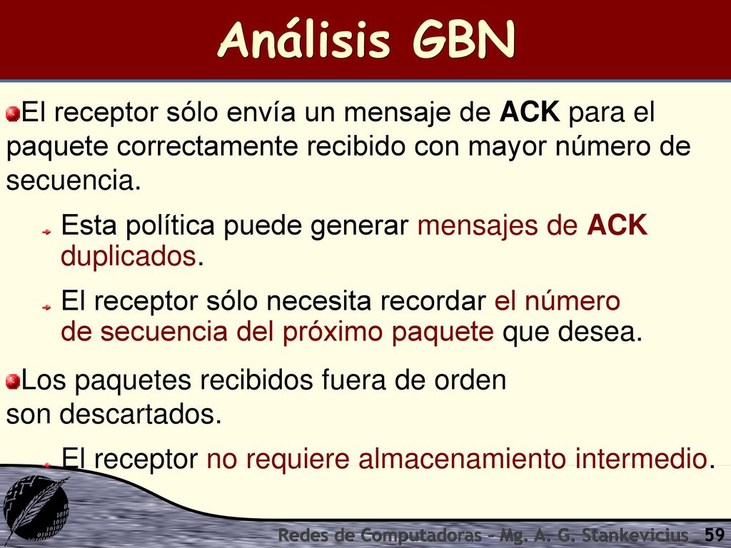 Análisis GBN El receptor sólo envía un mensaje de ACK para el paquete correctamente recibido con mayor número de secuencia.