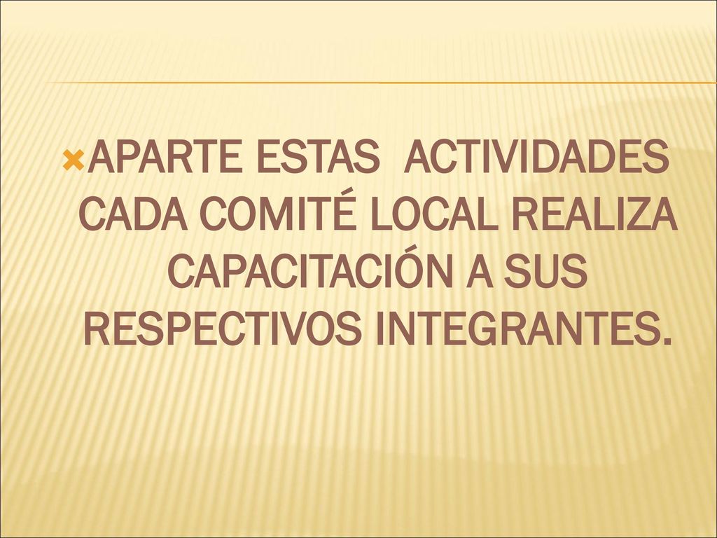 APARTE ESTAS ACTIVIDADES CADA COMITÉ LOCAL REALIZA CAPACITACIÓN A SUS RESPECTIVOS INTEGRANTES.