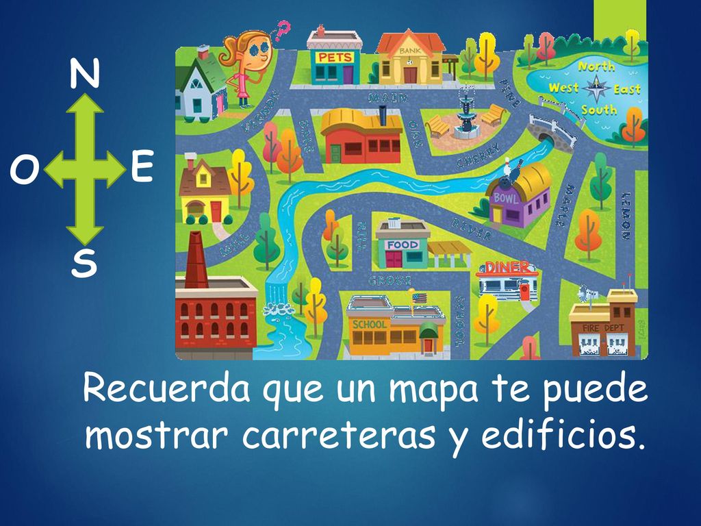 Recuerda que un mapa te puede mostrar carreteras y edificios.