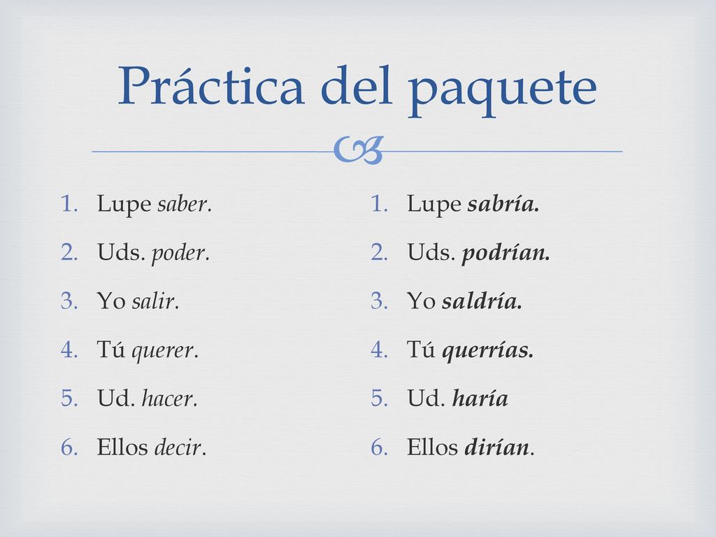 Práctica del paquete Lupe saber. Uds. poder. Yo salir. Tú querer.