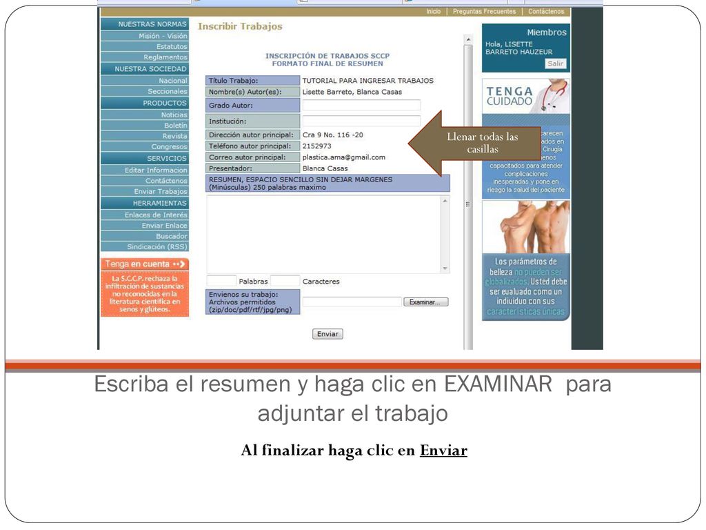 Escriba el resumen y haga clic en EXAMINAR para adjuntar el trabajo