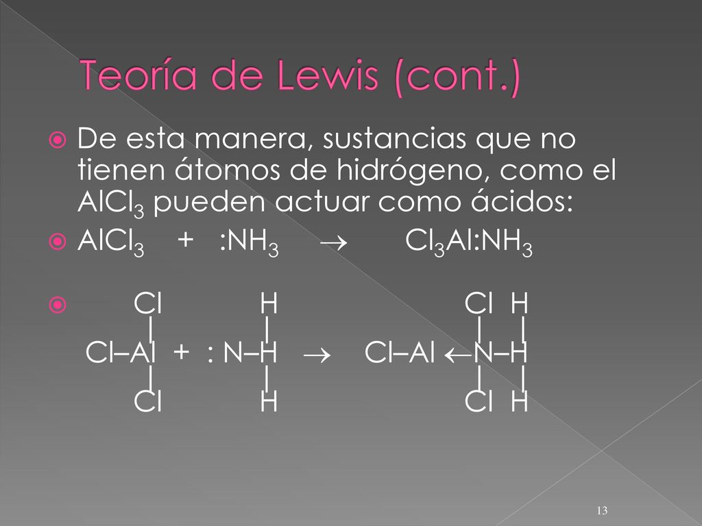 Teoría de Lewis (cont.) De esta manera, sustancias que no tienen átomos de hidrógeno, como el AlCl3 pueden actuar como ácidos: