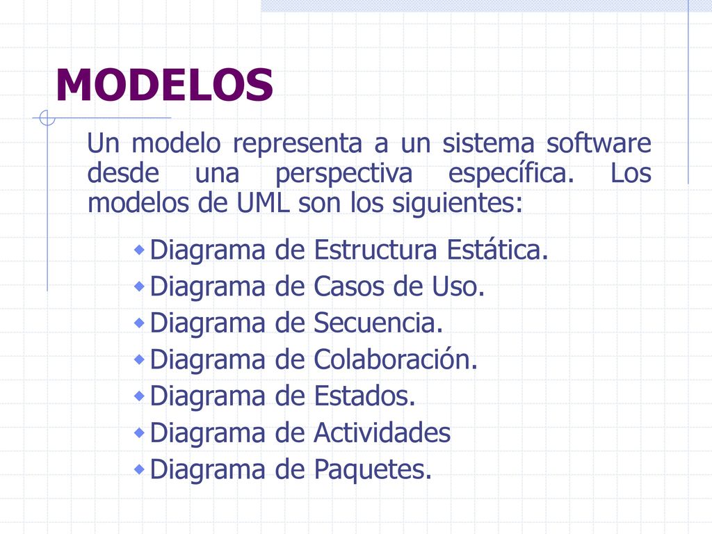 MODELOS Un modelo representa a un sistema software desde una perspectiva específica. Los modelos de UML son los siguientes: