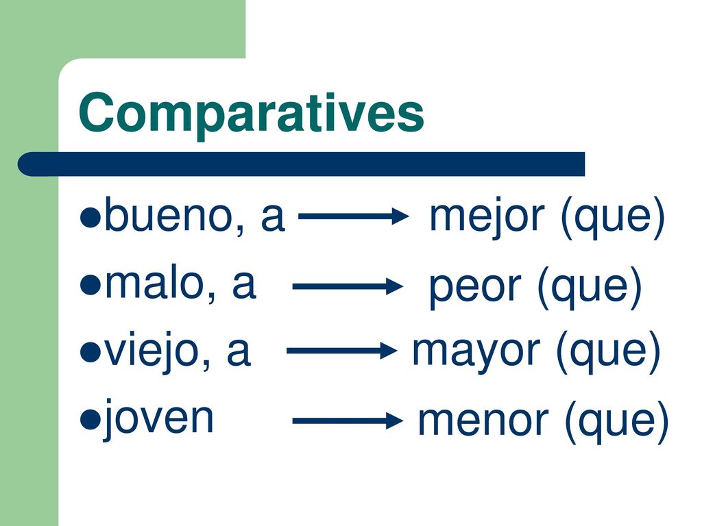 Comparatives bueno, a malo, a viejo, a joven mejor (que) peor (que)