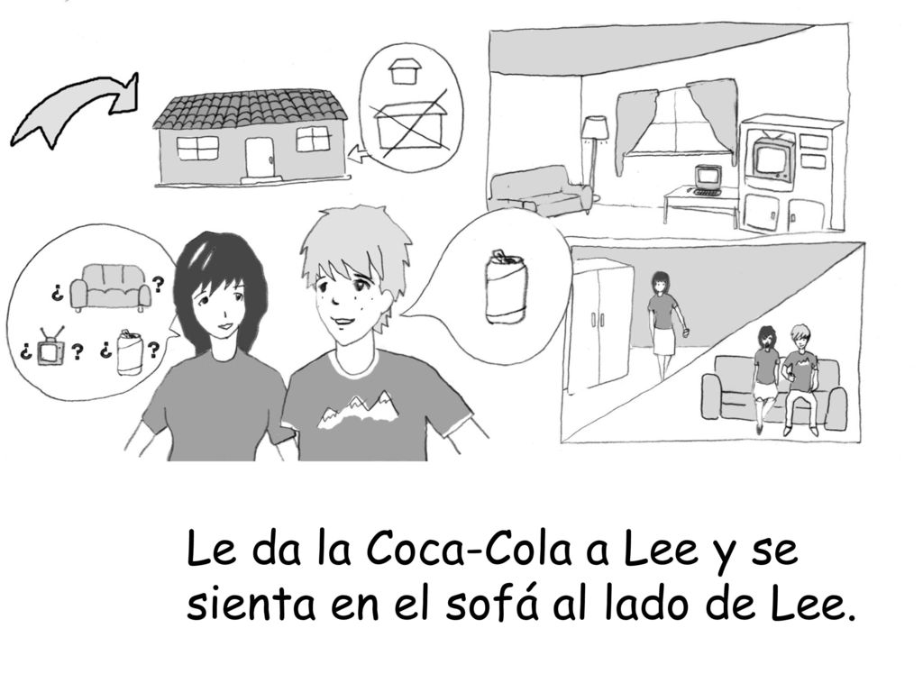 Le da la Coca-Cola a Lee y se sienta en el sofá al lado de Lee.