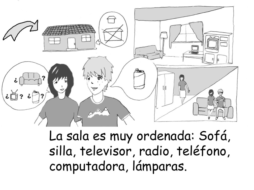 La sala es muy ordenada: Sofá, silla, televisor, radio, teléfono, computadora, lámparas.