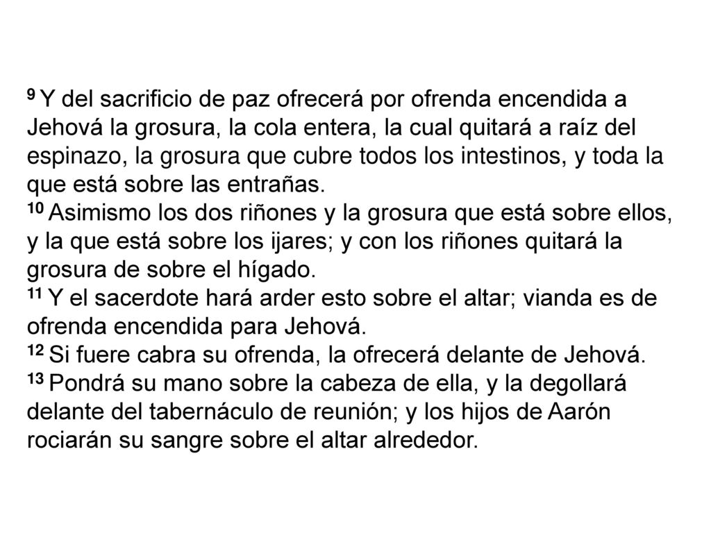 9 Y del sacrificio de paz ofrecerá por ofrenda encendida a Jehová la grosura, la cola entera, la cual quitará a raíz del espinazo, la grosura que cubre todos los intestinos, y toda la que está sobre las entrañas.