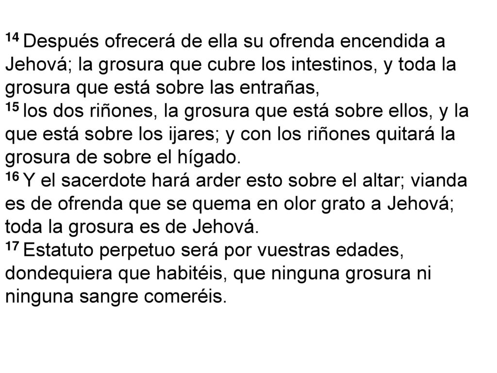 14 Después ofrecerá de ella su ofrenda encendida a Jehová; la grosura que cubre los intestinos, y toda la grosura que está sobre las entrañas,