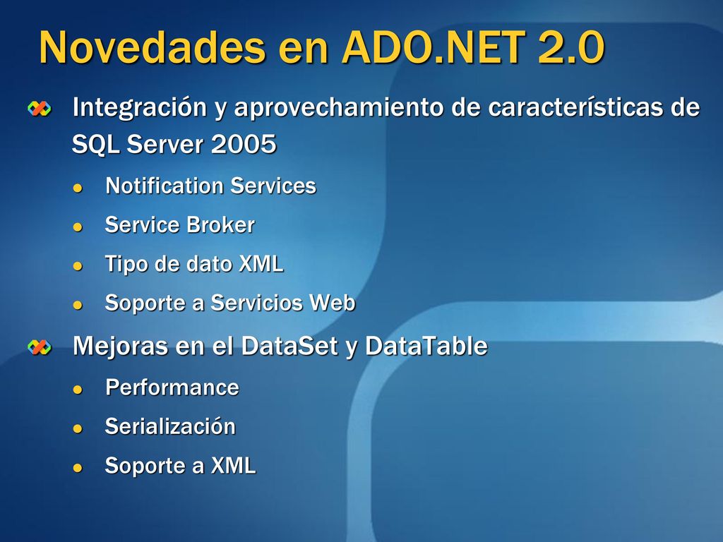 Novedades en ADO.NET 2.0 Integración y aprovechamiento de características de SQL Server Notification Services.