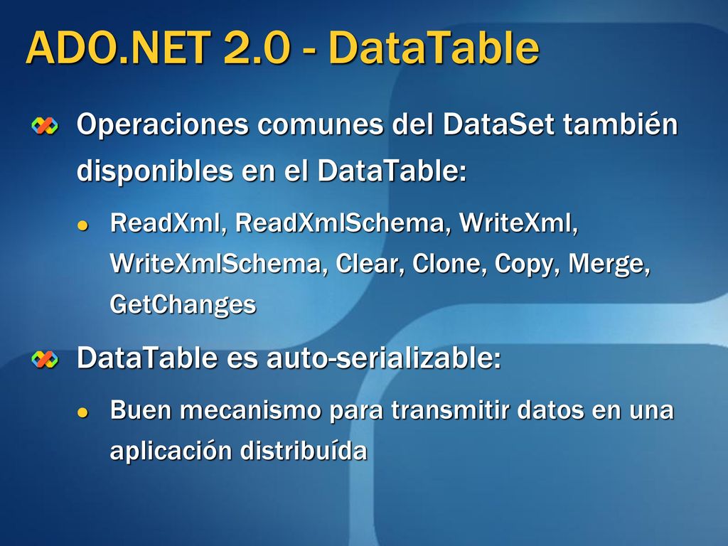 ADO.NET DataTable Operaciones comunes del DataSet también disponibles en el DataTable: