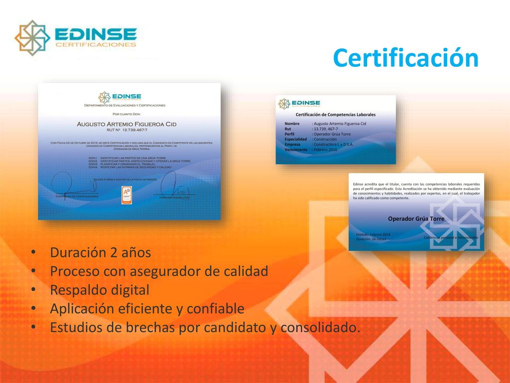 Certificación Duración 2 años Proceso con asegurador de calidad