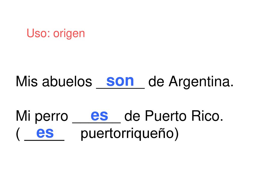 Uso: origen son. Mis abuelos ______ de Argentina. Mi perro ______ de Puerto Rico. ( _____ puertorriqueño)