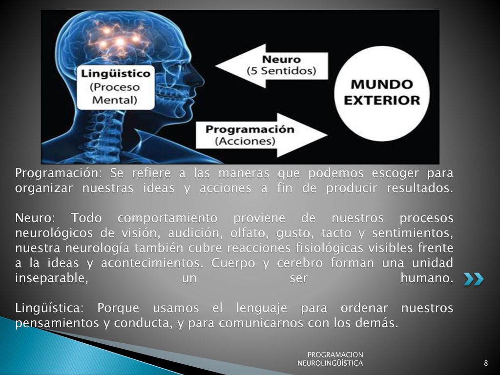 Programación: Se refiere a las maneras que podemos escoger para organizar nuestras ideas y acciones a fin de producir resultados. Neuro: Todo comportamiento proviene de nuestros procesos neurológicos de visión, audición, olfato, gusto, tacto y sentimientos, nuestra neurología también cubre reacciones fisiológicas visibles frente a la ideas y acontecimientos. Cuerpo y cerebro forman una unidad inseparable, un ser humano. Lingüística: Porque usamos el lenguaje para ordenar nuestros pensamientos y conducta, y para comunicarnos con los demás.