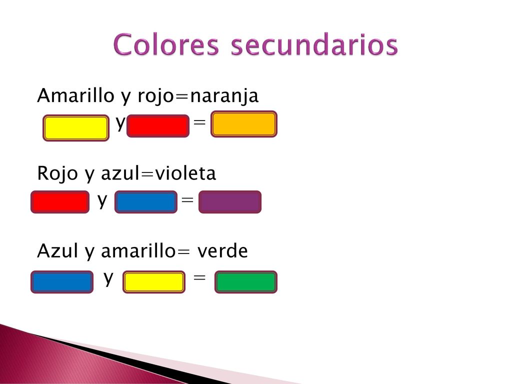 Colores secundarios Amarillo y rojo=naranja y = Rojo y azul=violeta y = Azul y amarillo= verde y =