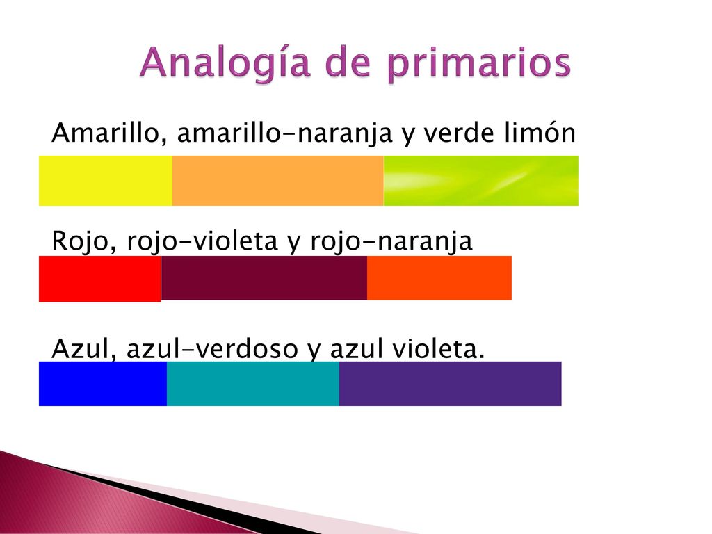 Analogía de primarios Amarillo, amarillo-naranja y verde limón Rojo, rojo-violeta y rojo-naranja Azul, azul-verdoso y azul violeta.