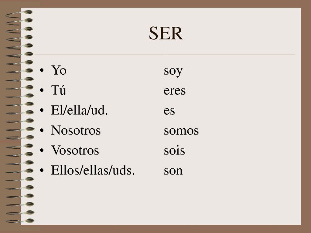 SER Yo soy Tú eres El/ella/ud. es Nosotros somos Vosotros sois
