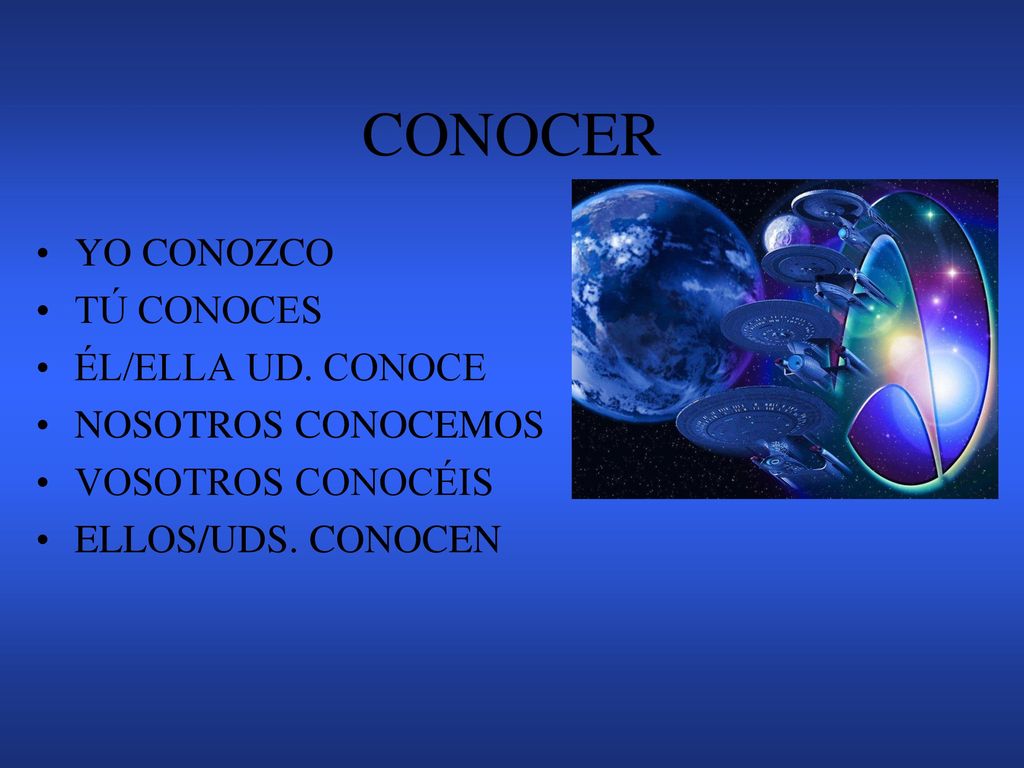 CONOCER YO CONOZCO TÚ CONOCES ÉL/ELLA UD. CONOCE NOSOTROS CONOCEMOS