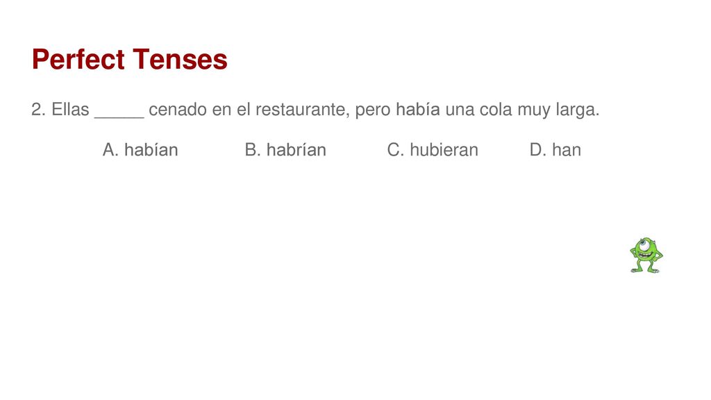 Perfect Tenses 2. Ellas _____ cenado en el restaurante, pero había una cola muy larga.