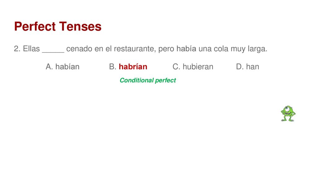 Perfect Tenses 2. Ellas _____ cenado en el restaurante, pero había una cola muy larga. A. habían B. habrían C. hubieran D. han.