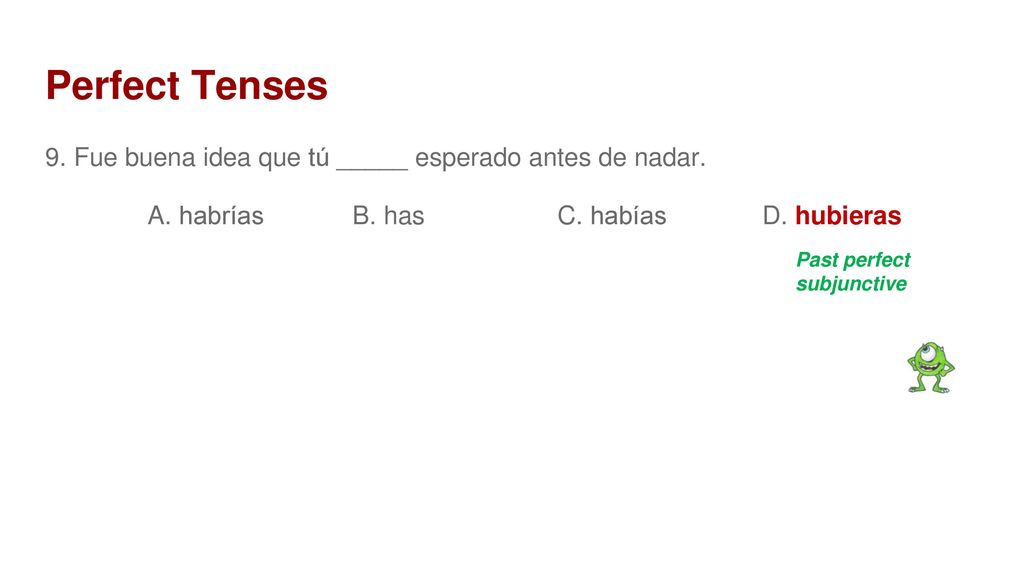 Perfect Tenses 9. Fue buena idea que tú _____ esperado antes de nadar.