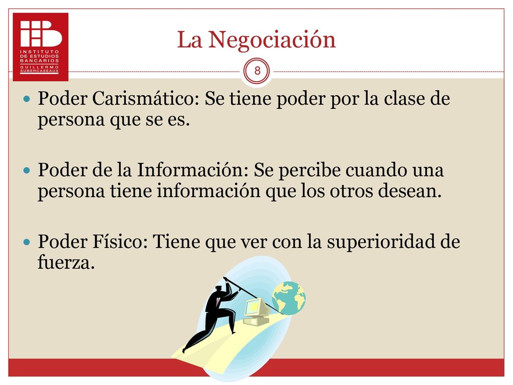 La Negociación Poder Carismático: Se tiene poder por la clase de persona que se es.