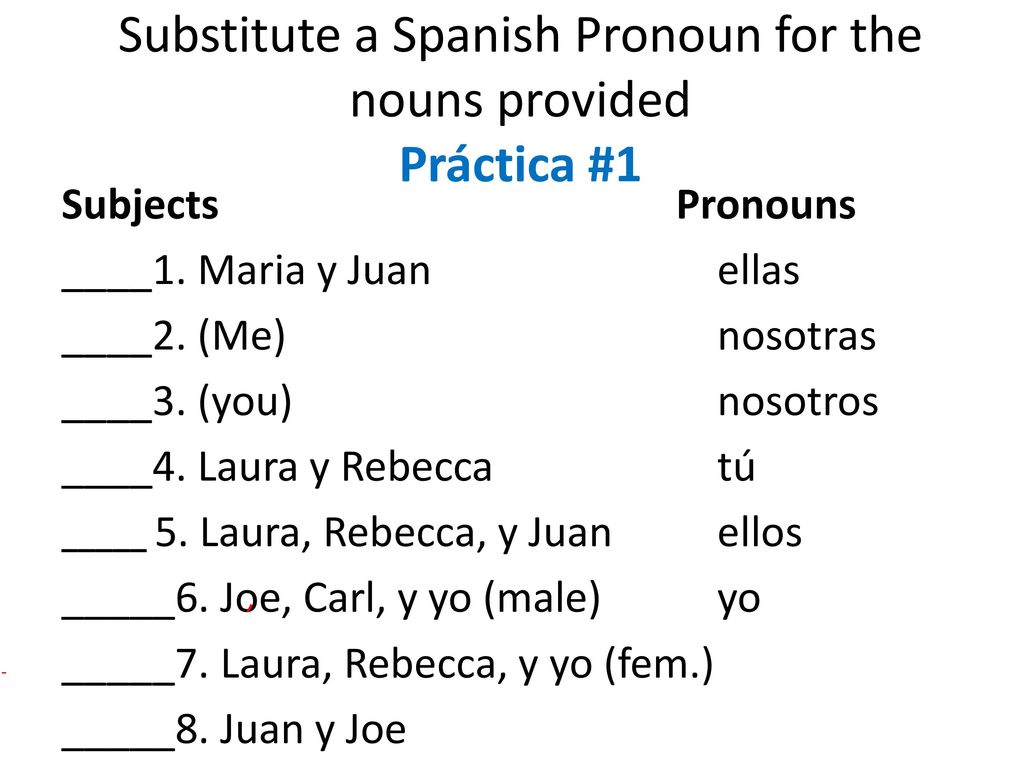 Substitute a Spanish Pronoun for the nouns provided Práctica #1