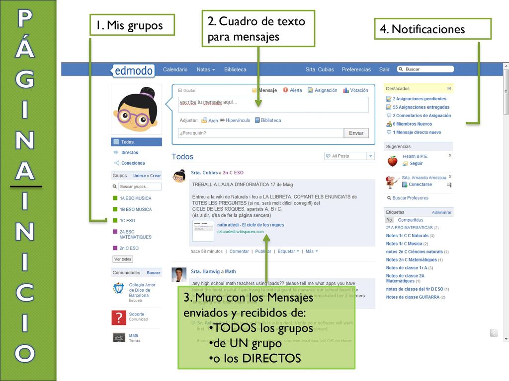 P ÁG I NA N C O 2. Cuadro de texto para mensajes 1. Mis grupos