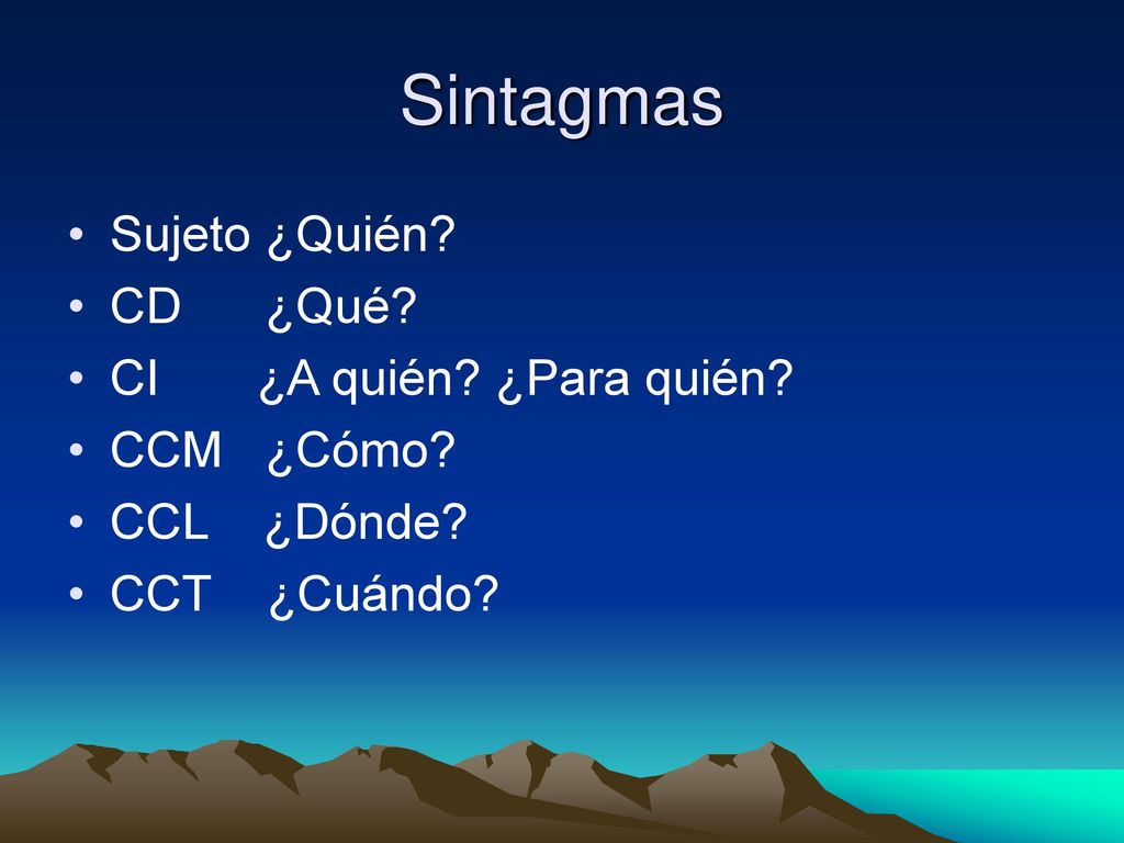 Sintagmas Sujeto ¿Quién CD ¿Qué CI ¿A quién ¿Para quién CCM ¿Cómo