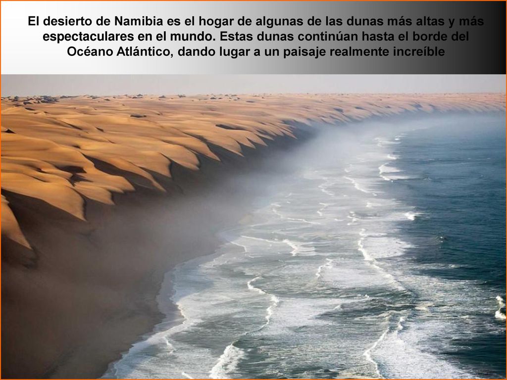 El desierto de Namibia es el hogar de algunas de las dunas más altas y más espectaculares en el mundo. Estas dunas continúan hasta el borde del Océano Atlántico, dando lugar a un paisaje realmente increíble