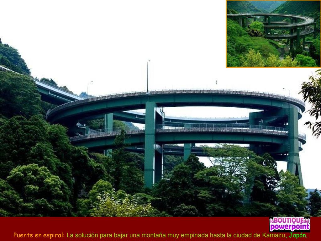 Puente en espiral: La solución para bajar una montaña muy empinada hasta la ciudad de Kamazu, Japón.