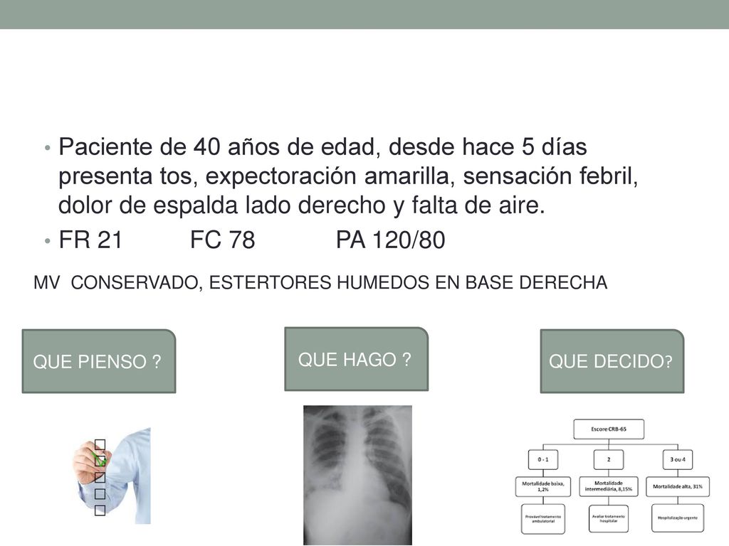 Paciente de 40 años de edad, desde hace 5 días presenta tos, expectoración amarilla, sensación febril, dolor de espalda lado derecho y falta de aire.