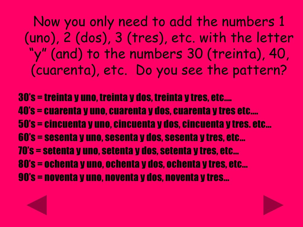Now you only need to add the numbers 1 (uno), 2 (dos), 3 (tres), etc