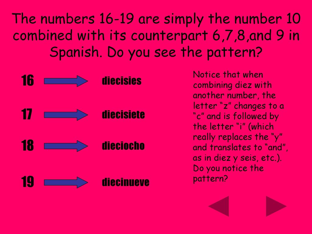 The numbers are simply the number 10 combined with its counterpart 6,7,8,and 9 in Spanish. Do you see the pattern