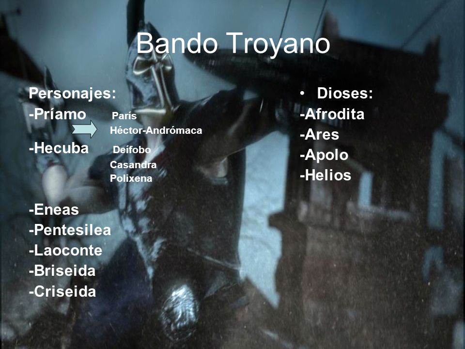 Bando Troyano Personajes: -Príamo París -Hecuba Deífobo -Eneas