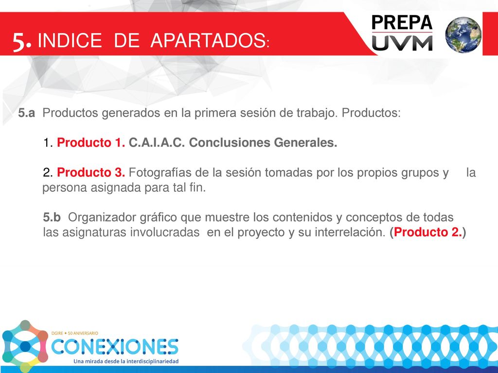 5. INDICE DE APARTADOS: 5.a Productos generados en la primera sesión de trabajo. Productos: 1. Producto 1. C.A.I.A.C. Conclusiones Generales.