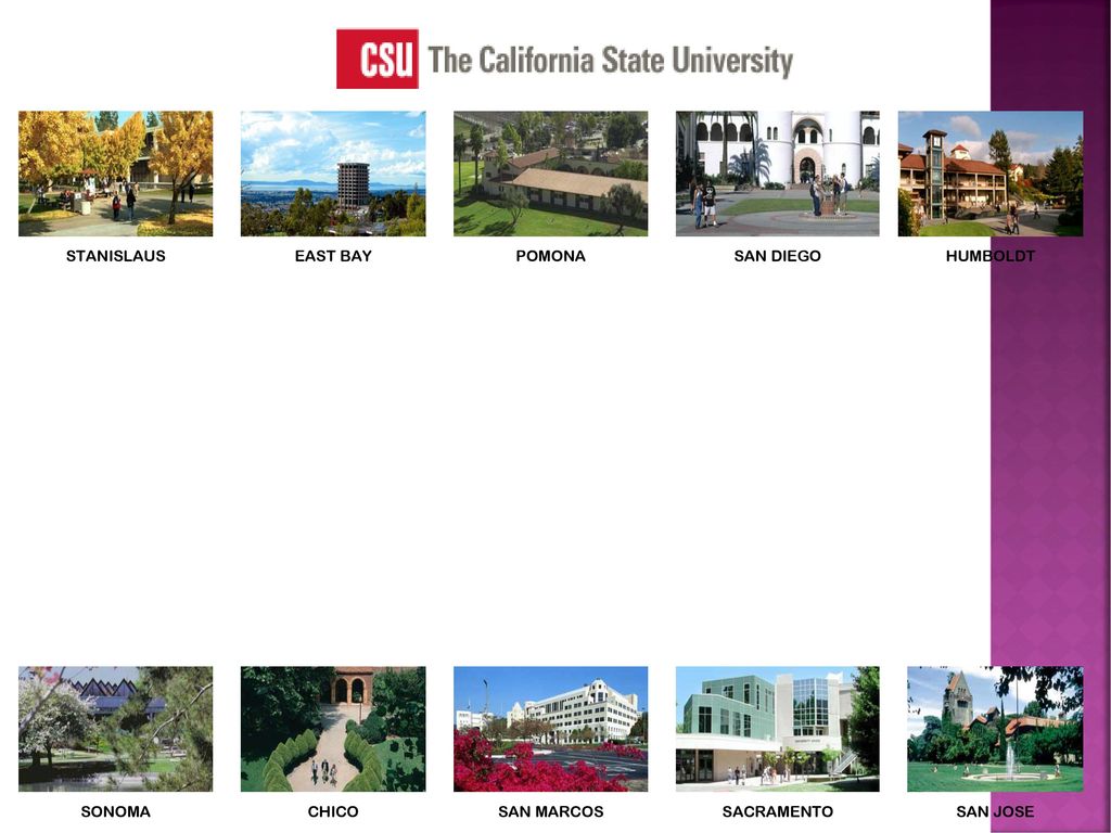 STANISLAUS EAST BAY. POMONA. SAN DIEGO. HUMBOLDT. CSU campuses provide student-focused undergraduate and graduate degrees.