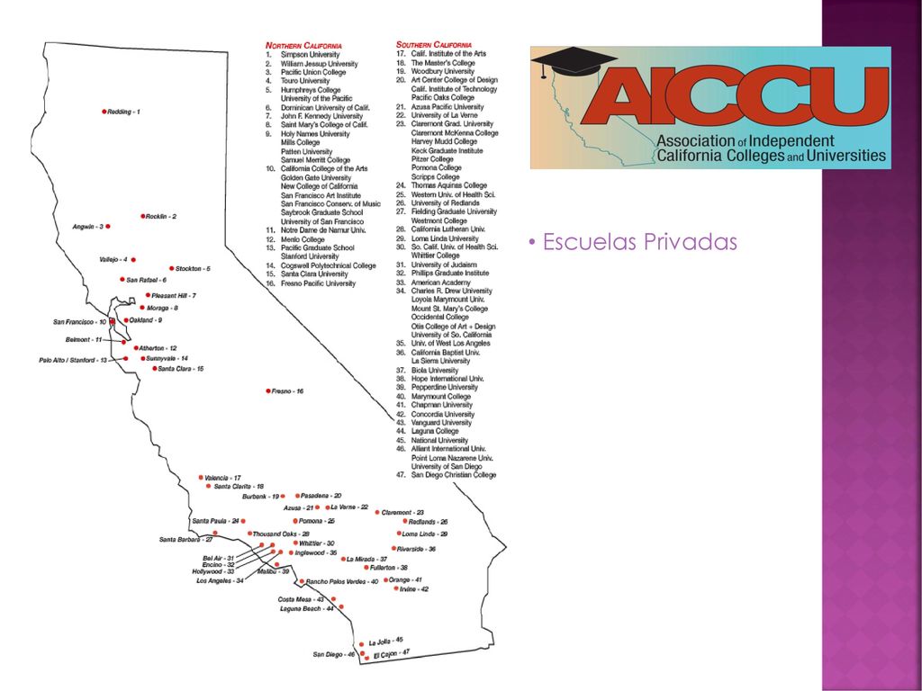 Escuelas Privadas Another option for California students is to choose from among the many independent or private colleges located in California.