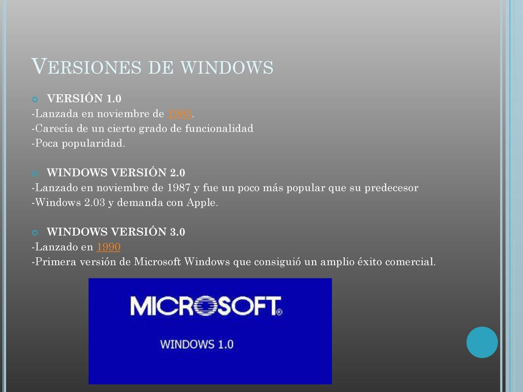 Versiones de windows VERSIÓN 1.0 -Lanzada en noviembre de 1985.